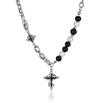 Cross Stainless Pearl Volcanic Rock Silver Chain Long Vintage Cross Gift [Rockyu] Men's Necklace, Steel, & Beads, Pendant, Necklace, Style, Accessory,