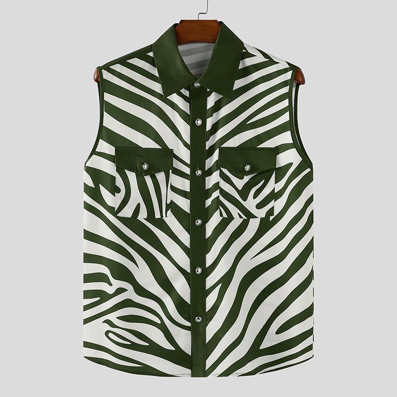 

INCERUN Men Lapel Neck Sleeveless Striped Print Button Casual Loose Shirt Tops 5XL зелёный