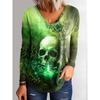 2025 Halloween Women's T-Shirts Graphic Skull Elegant Vintage Tee Long Sleeve T-shirts V-Neck Regular Tops Casual Pullover Fall