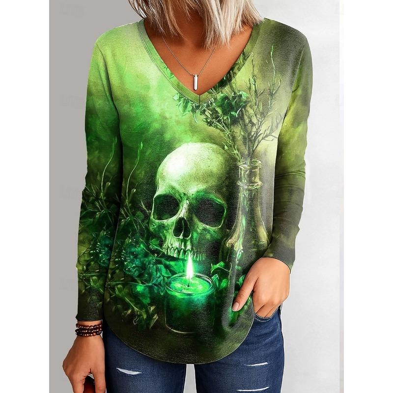 2025 Halloween Women's T-Shirts Graphic Skull Elegant Vintage Tee Long Sleeve T-shirts V-Neck Regular Tops Casual Pullover Fall