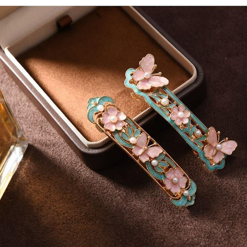 1Pc Small Chinese Style Glazed Butterfly Flower Hollow Hairpin Edge Clip Antique Butterfly Love Flower Spring Clip Female