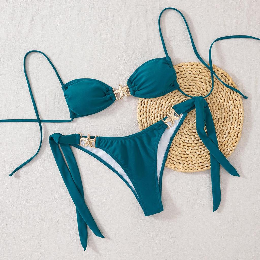 2025 Europäischer & Amerikanischer Uni-Farben Seestern Schnür-Bikini Zweiteiliger Badeanzug