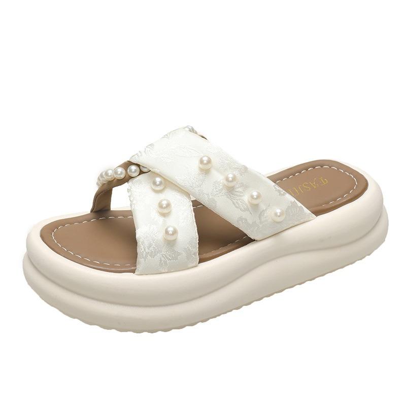 Muffin thick-soled pearl slippers women's summer wear new summer skirt embroidery versatile beach cool slippers