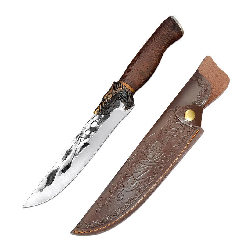 Forged Outdoor Stainless Steel Camping and Steak Knife with Leather Sheath