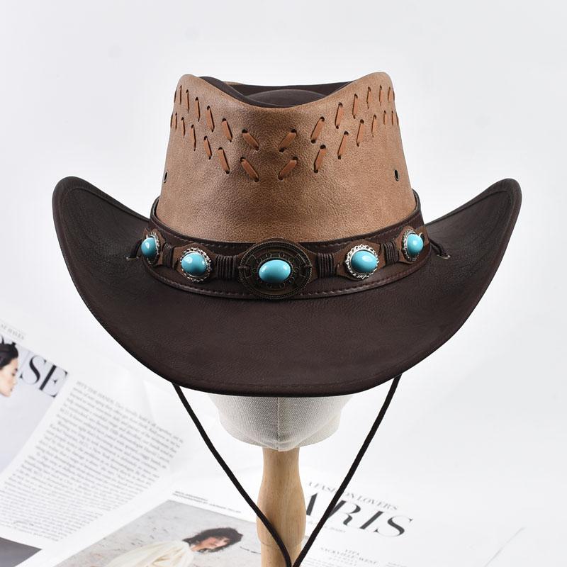 Unisex 100% Leather Western Cowboy Hat Vintage Gentleman Jazz Hats For Men Panama Cowgirl Hat