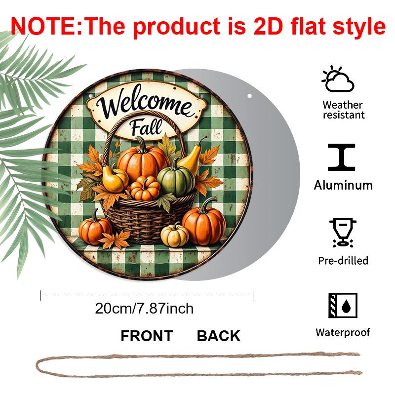 2D Flat, 1pc Aluminum Circular Sign Welcoming The Autumn Harvest, Featuring Rustic Pumpkin And Checkered Decorations with Cursive Lettering, Suitable