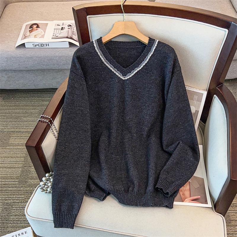 Plus Size V-Neck Mid-Length Long-Sleeved Knitted Sweater 8041 2XL