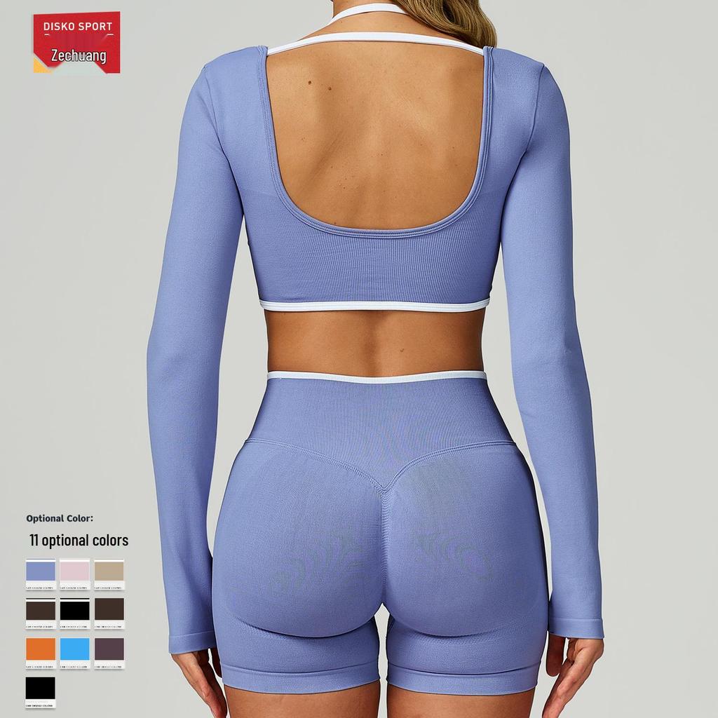 Sömlös Color Block Tvådelad Långärmad Cropped Yoga T-shirt för Löpning & Fitness