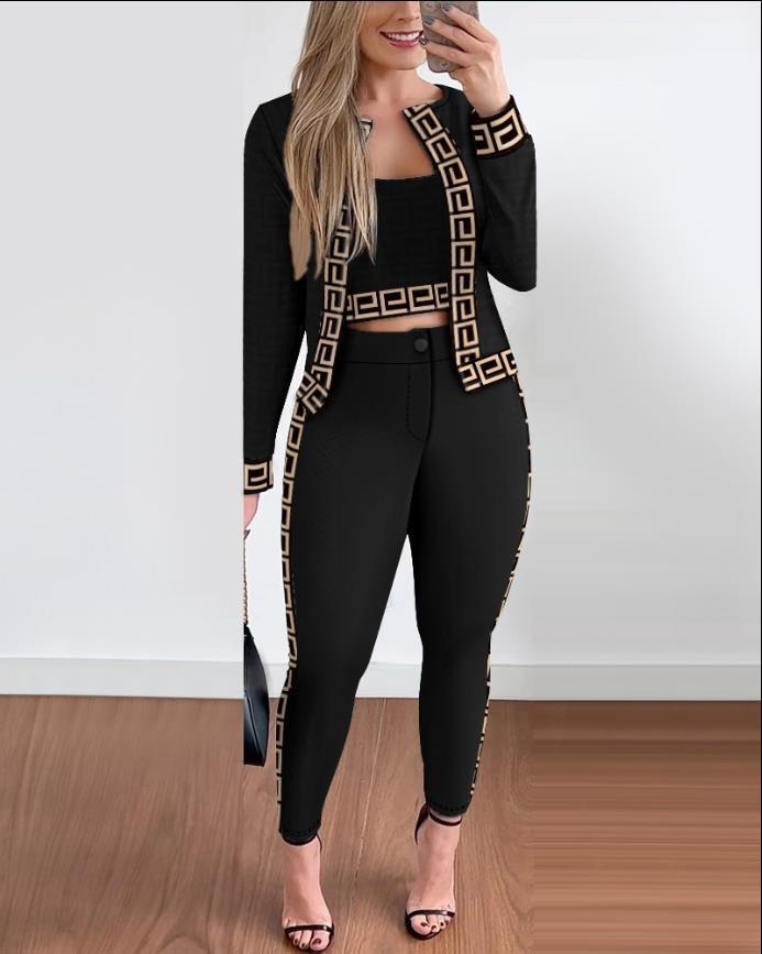 Stilvolles Streetstyle Damen 3-teiliges Set: 3D-Druck Weste, Strickjacke & Leggings für Frühling/Herbst