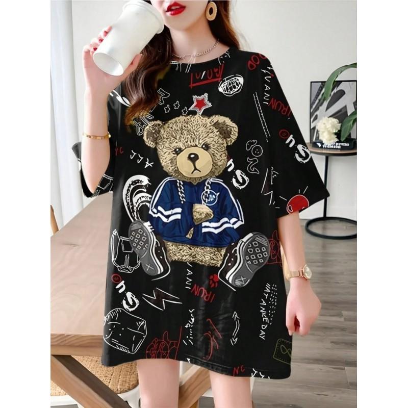 Soft Plush Bear Print Casual Loose Fit Short Sleeve Round Neck T-Shirt Women Men Youth