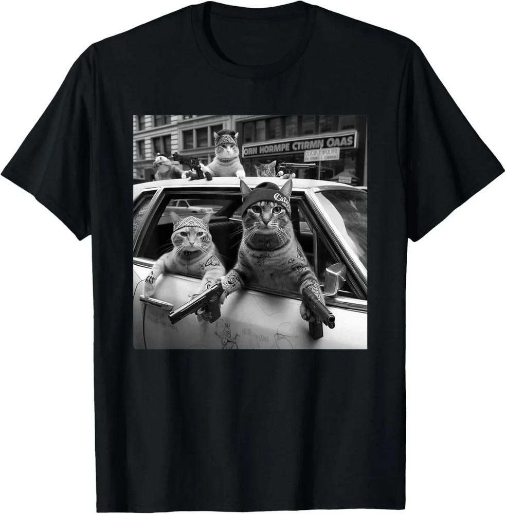 Funny Cat Gang Art Tee; Street Style Graphic; Unisex Casual Unisex T-Shirt XL