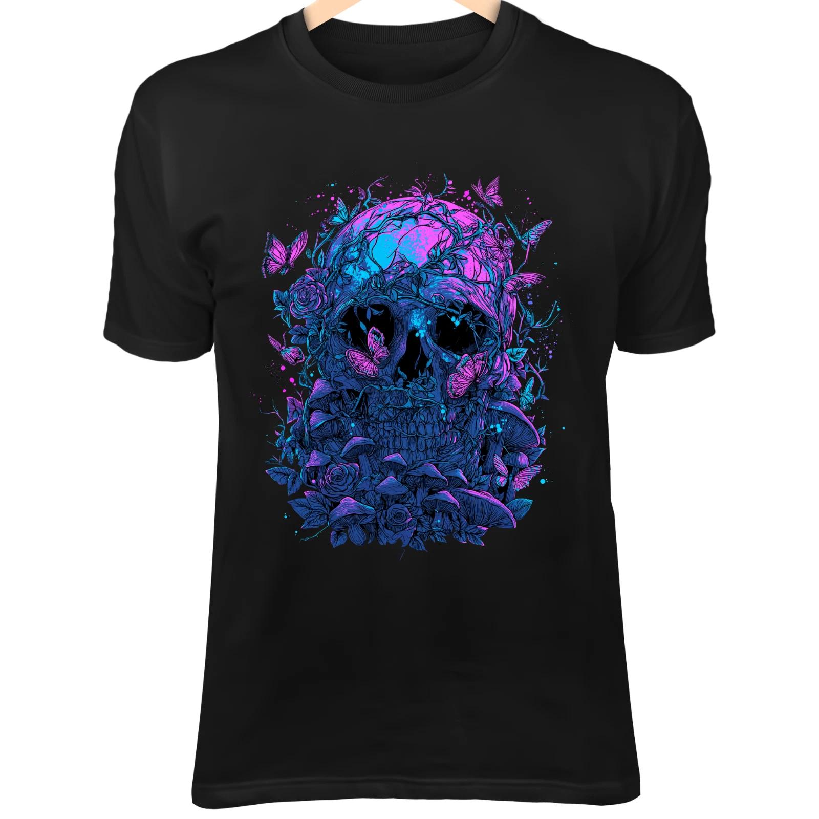 Neon Floral Skull - Ivy, Roses, Mushrooms & Glowing Butterflies Cosmic Fantasy M