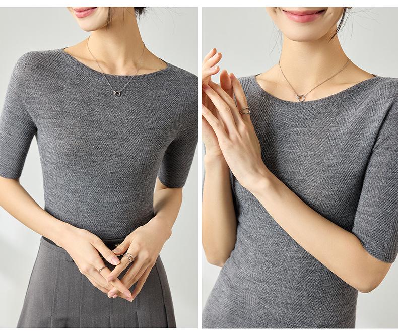 Yangtze Fine Spun Wool One-Shoulder Mid-Sleeve Women's Slimming T-Shirt, Spring Pure Color Elegant Base Layer Top