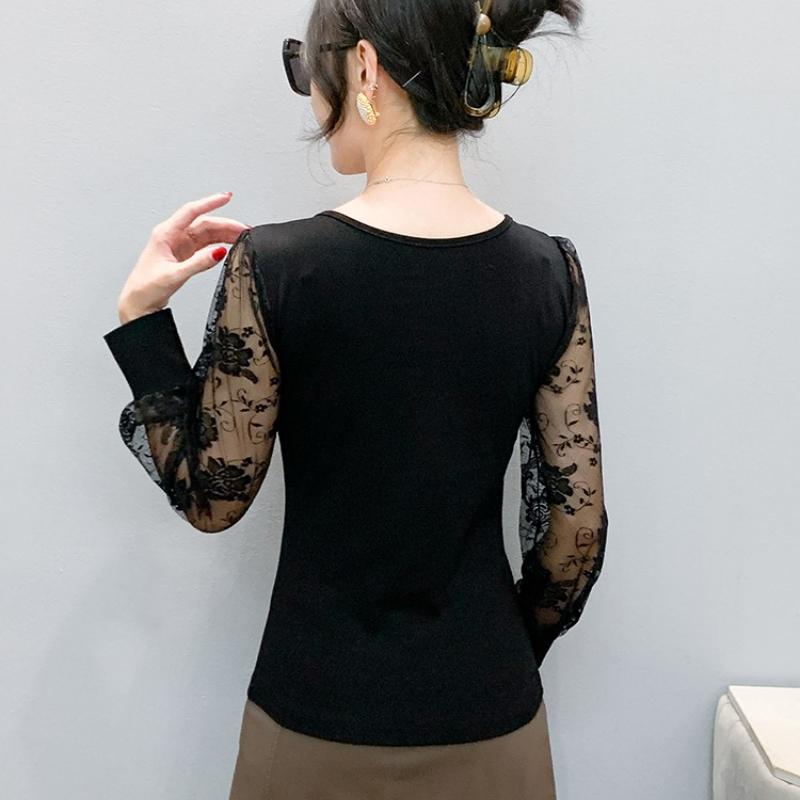 Spring Autumn Women's Lace Sleeve Patchwork T-Shirt Elegant V-neck Tees Slim Ladies Tops With Rhinestone Flower