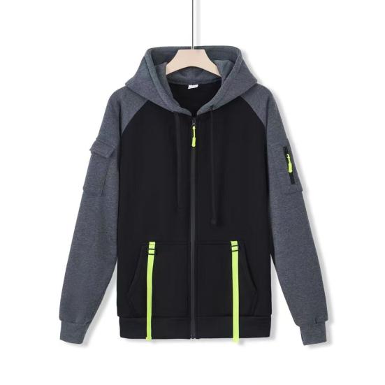 Men Hooded Jacket Autumn Winter Zip-up Hoodie Multi-Pocket Fleece Lined Sweatshirt Jacket for Daily