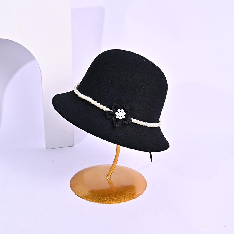 Premium celebrity style dome woolen top hat pearl flower big eaves hat children