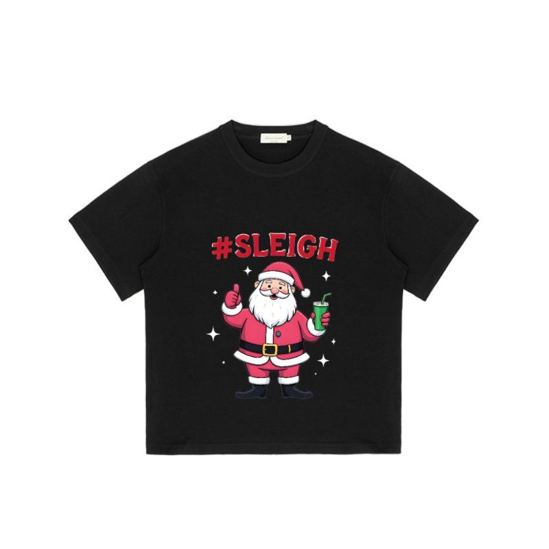 Christmas T-Shirt Black Santa Claus with Sleigh Hashtag and Drink Print for Holiday Party