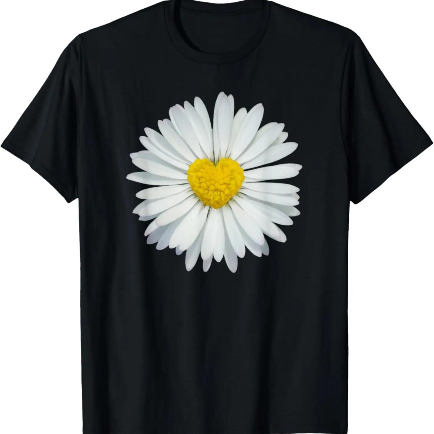 White and Yellow Heart Daisy T-Shirt Flower Rave Tee T-Shirt S чёрный