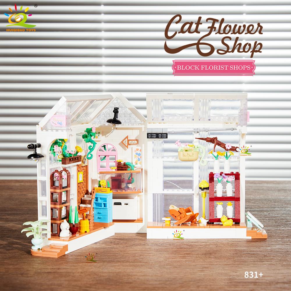 Non-Toxic Moc Cat Cafe Shop Bookends Model Micro Building Block Bookstore Flower Shop Mini Brick Toy For Children Desk Decor.