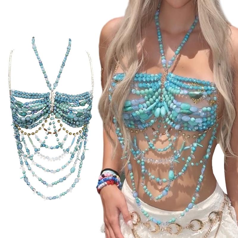 Sleeveless Acrylic Beaded Fringe Tassels Top Summer Casual Party Outfit Music Festival Body Chain Camisole for Women