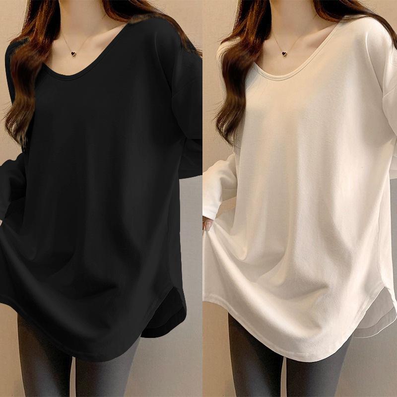 Women's Korean Style Loose-Fit Long Sleeve Mid-Length Shirt - Curved Hem, Versatile for Autumn & Spring