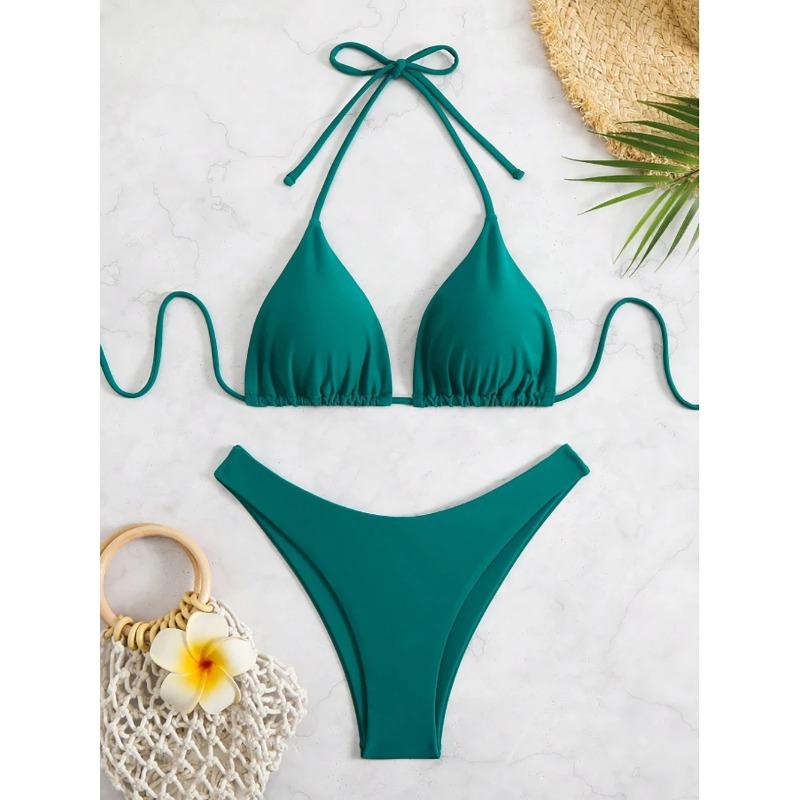 Sexy Solid Halter Lace Up Low Waist Bikini Set Women's 2 Pieces Swimsuit Triangle Thong Swimwear Bathing Suit Brazilian Biquini