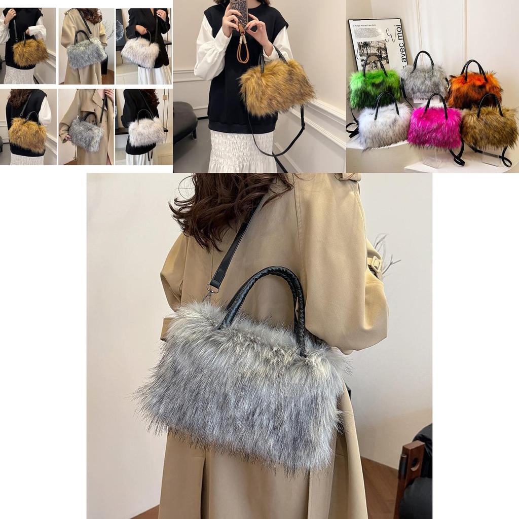 Borsa a Spalla da Donna Trendy in Peluche nei Raffinati Toni Rosa Grigio Kaki Arancio Verde per l'Inverno 2024