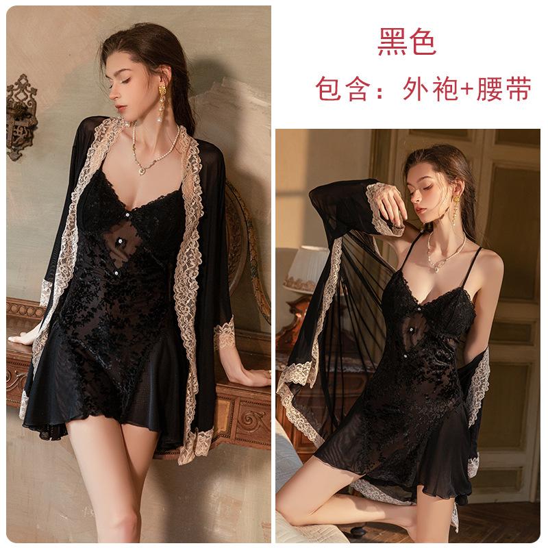 

Velvet chest pad mesh lace splicing bow embellishment nightdress robe loungewear set M free size