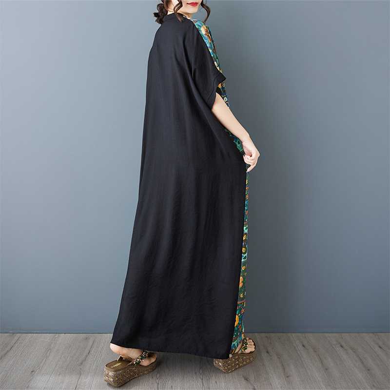 Women's Patchwork Black Long Dress Retro Robe