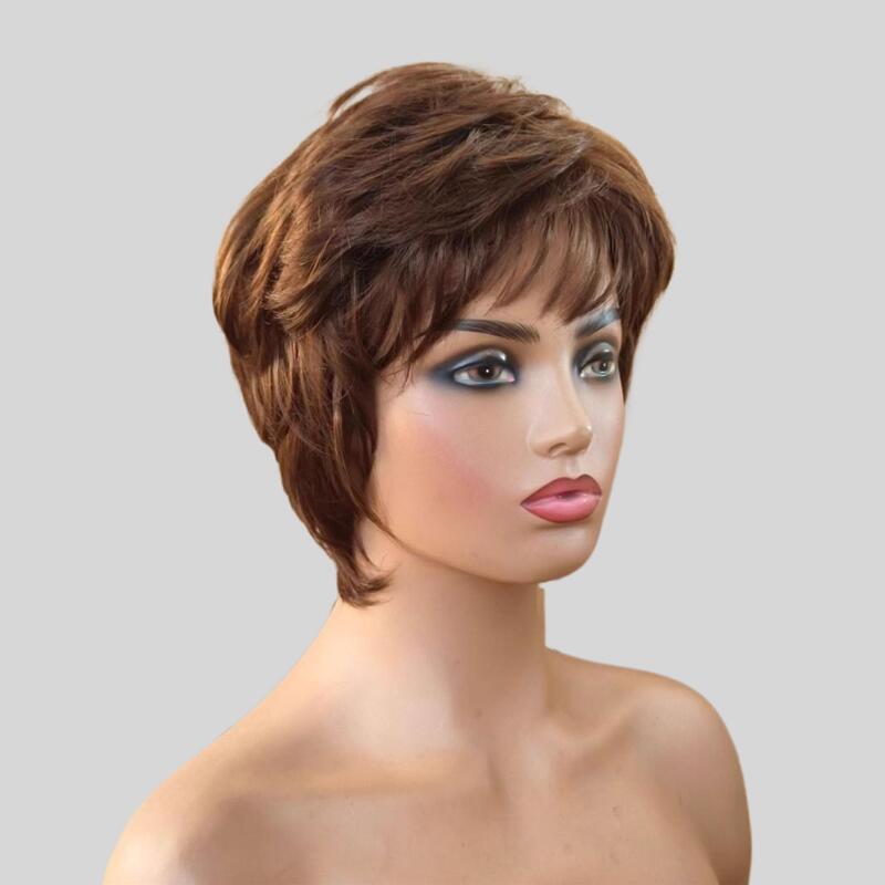 Женский короткий прямой синтетический парик с боковой челкой, естественный вид, объемный коричневый парик для зрелых женщин коричневый