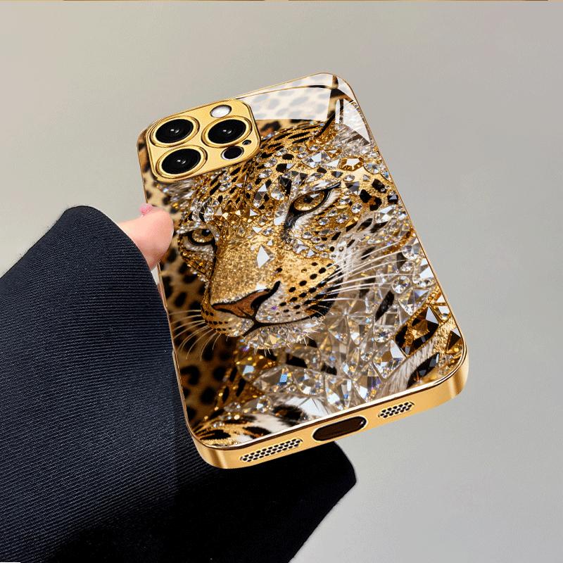 Luxury Electroplated Glass Phone Case with Tiger Head Design Suitable for iPhone 17 16 15 14 13 12 11 Pro Max Plus