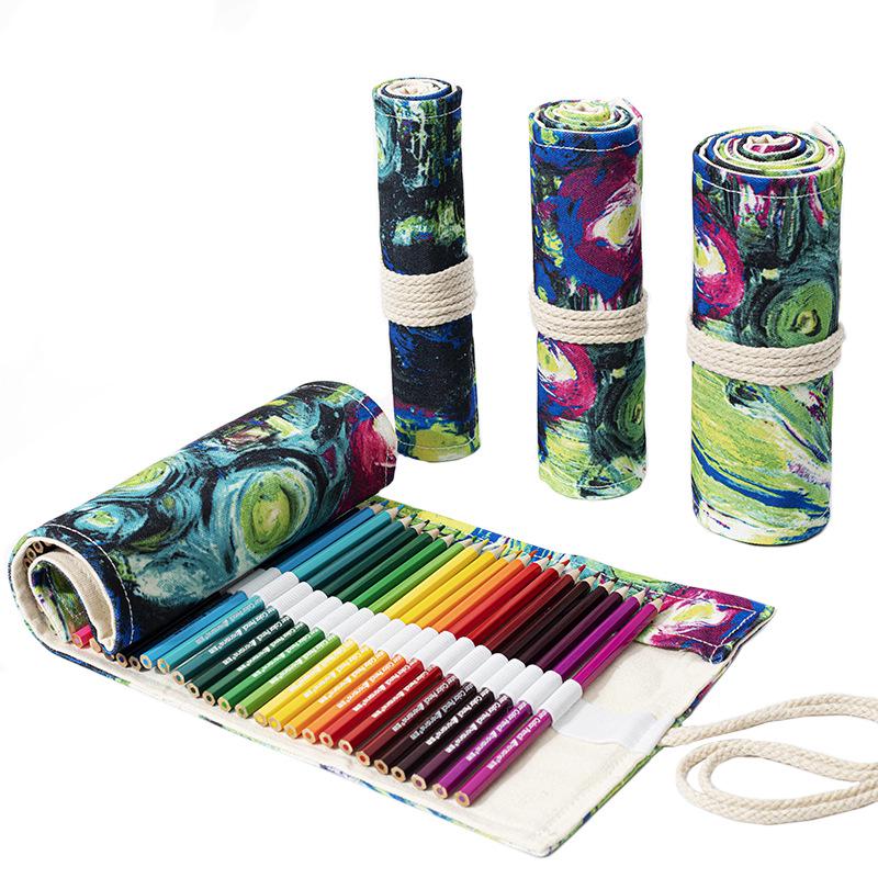 Large Capacity Canvas Pencil Roll: 36, 48, 72 Slots for Sketch & Colored Pencils - Creative Ink Paint Design