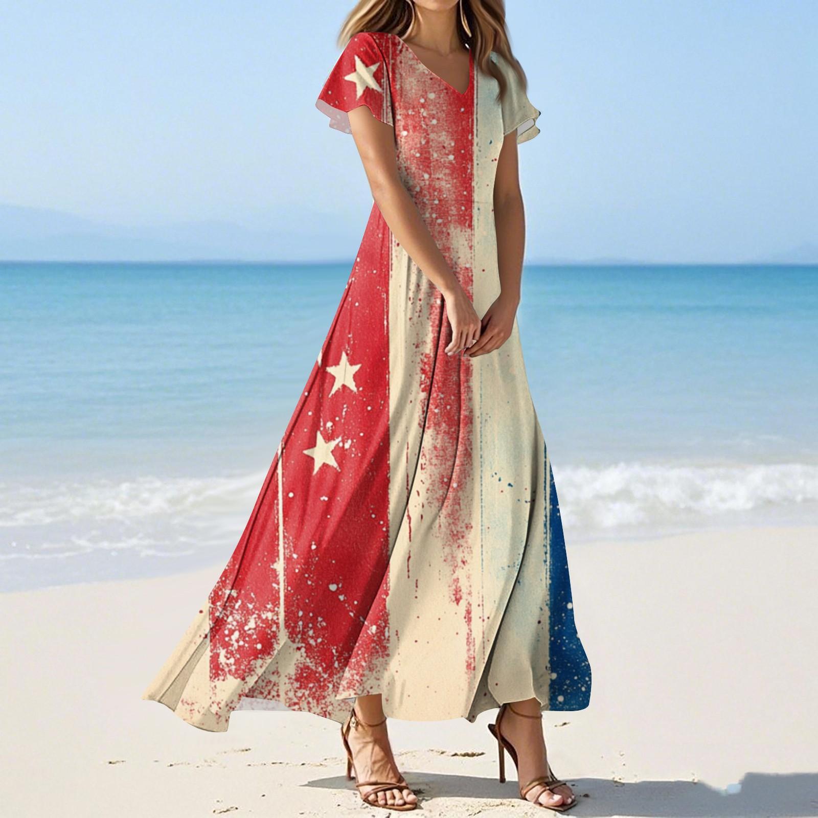 

Женские летние повседневные модные платья с принтом ко Дню независимости, платья с коротким рукавом и V-образным вырезом XL бежевый