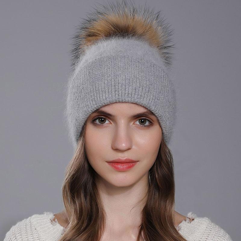 New Natural Raccoon Fur Pompom Knit Hat For Women Warm Angora Rabbit Bonnet Women's Winter Fleece Hats Casual Female Caps