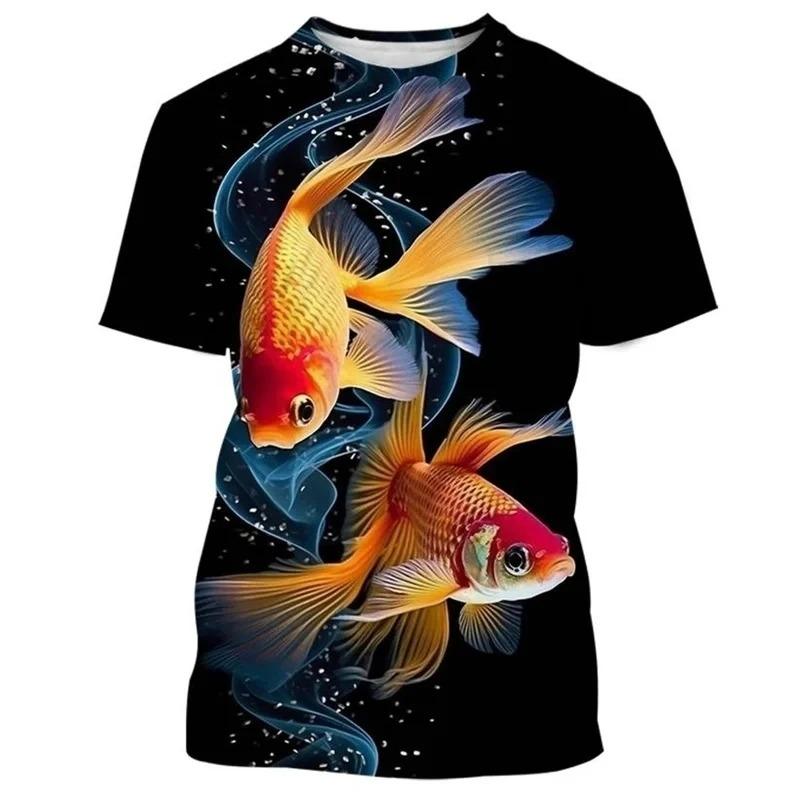Modisches, neues T-Shirt mit Goldfisch-Muster und Aufdruck für Herren mit Street-Elementen, Rundhalsausschnitt, kurzärmelig, trendiges Oberteil in Übergröße