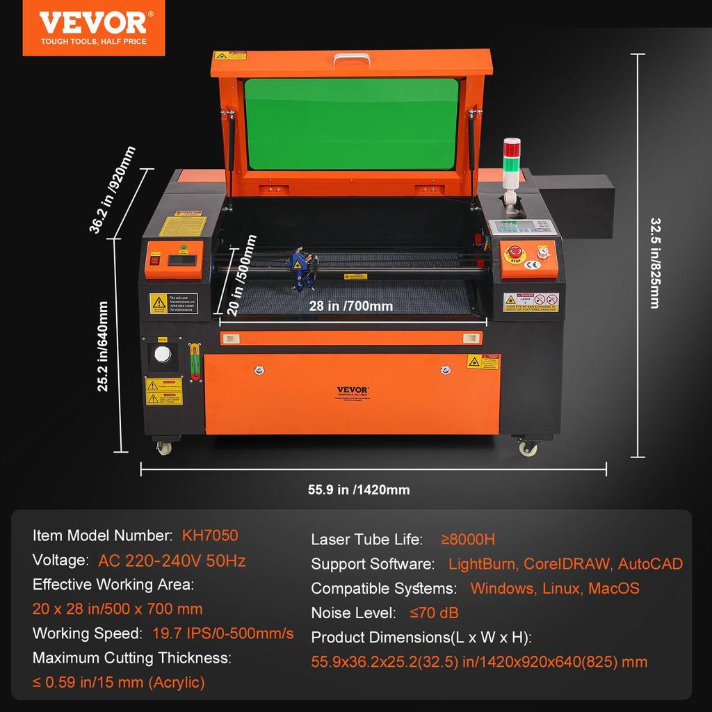 VEVOR 80W CO2 Laser Engraver, 51 x 71 cm(20 x 28 in), 500 mm/s(19.7 IPS) Laser Cutter Machine with 2-Way Pass Air Assist, Compatible with LightBurn