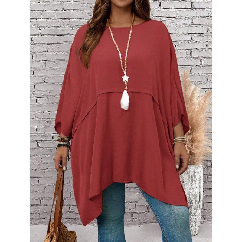 New Large Size Spring/Summer Loose Batman T-shirt Top Round Neck Fashion Casual Blouse Solid Color Irregular Elegant Shirts Loose Simple Long Tops