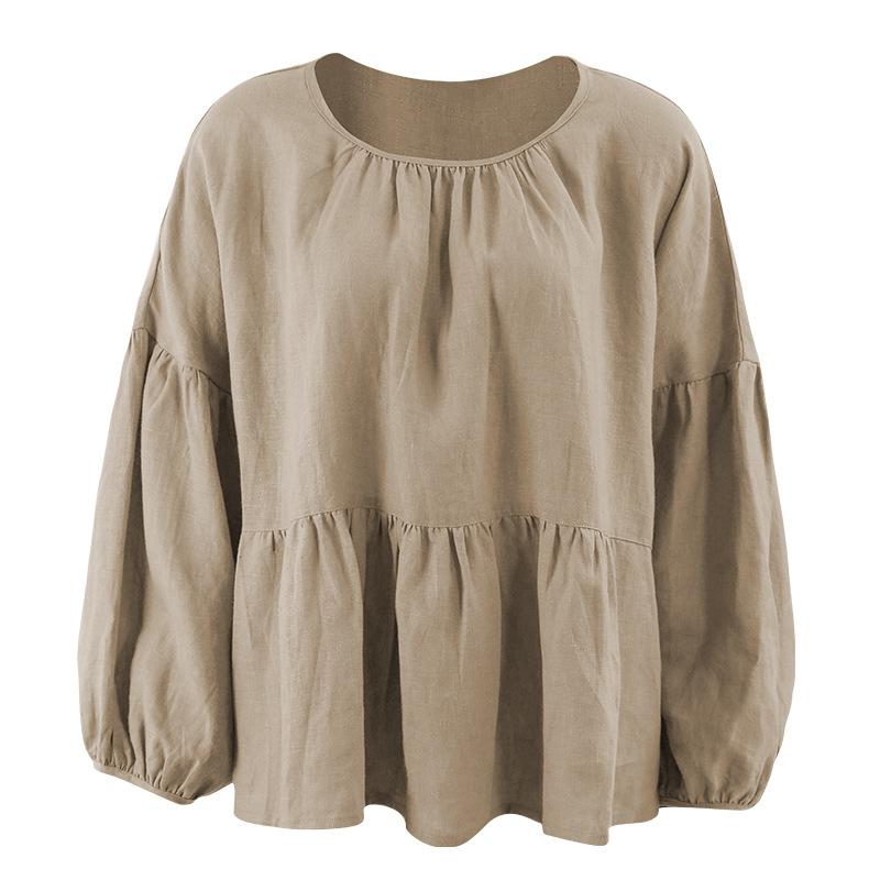 Johnature Simple Lantern Sleeve Linen Women Tops Shirts Summer Casusal Solid Color Loose Blouses