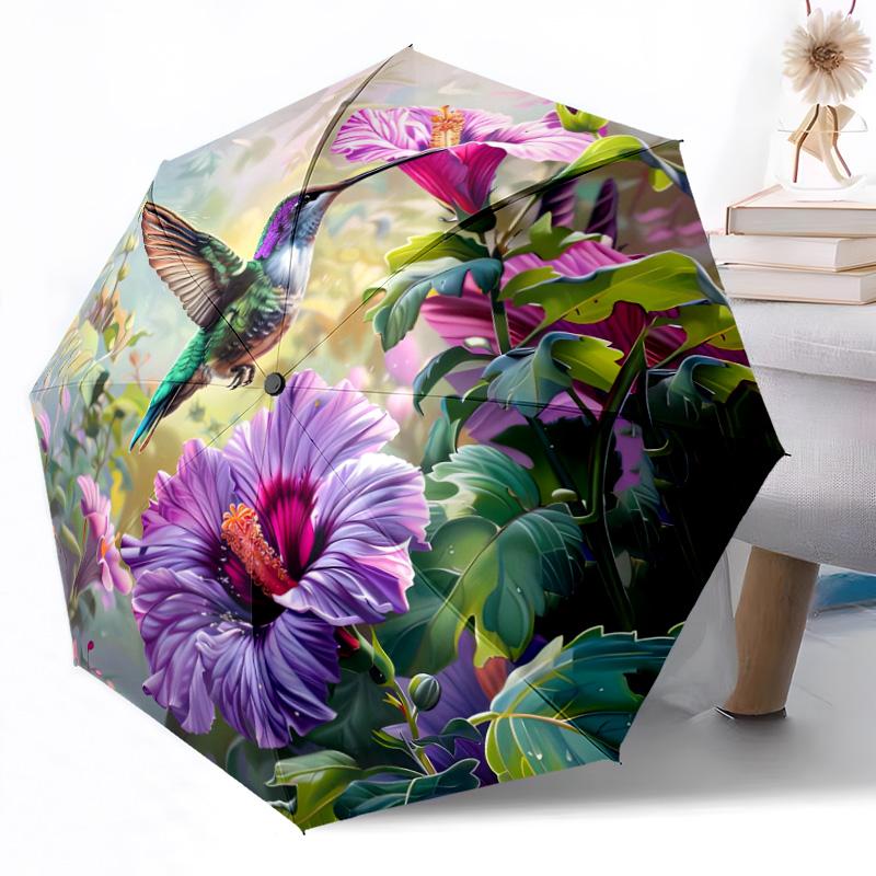 Hummingbird And Flowers Automatic Umbrella Compact & Durable 8-Rib Design Weight Durable Everyday Carry Umbrella Fashion Lovers