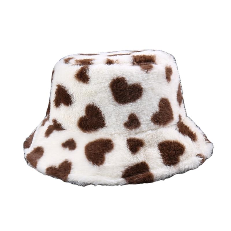 Warm Plush Bucket Caps with Heart Pattern Fashion Winter Autumn Casual Wear Fisherman Hat for Women Girl Outdoor Activity
