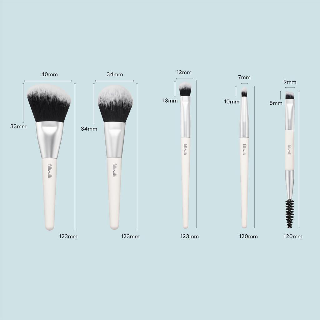 FILLIMILLI Mini Makeup Brush Set of 5 Mesh Eyebrow Brushes Compact and Portable (with Pouch) - Blush, Shading, Eyeshadow, -