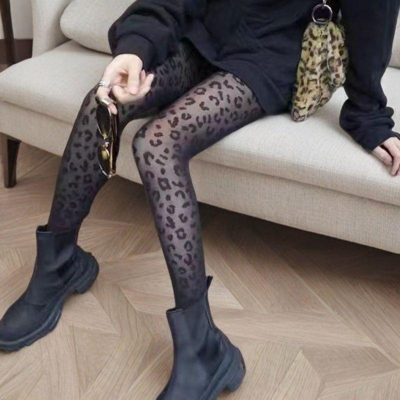 European Style Thin Silk Jacquard Leopard Print Tights - Women's Black Stockings