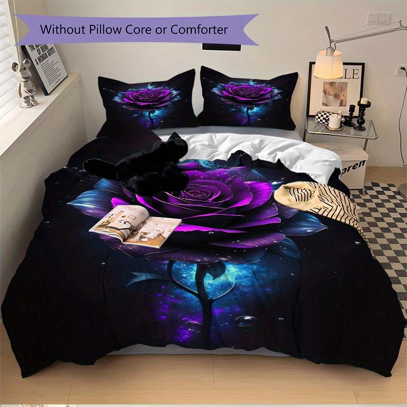 3pcs Purple Rose, Water Splash Bedding Set Soft Polyester Down Comforter Cover and Pillowcases,Home Decoration All Seasons(No Insert) S0819103