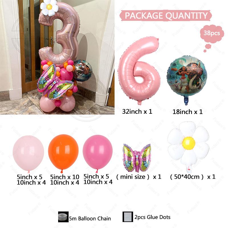 38PCS Ocean Adventures Moana Balloon Column Set 32inch Pink Number Daisy Foil Globos 1-9st Girl Birthday Party Home Decorations