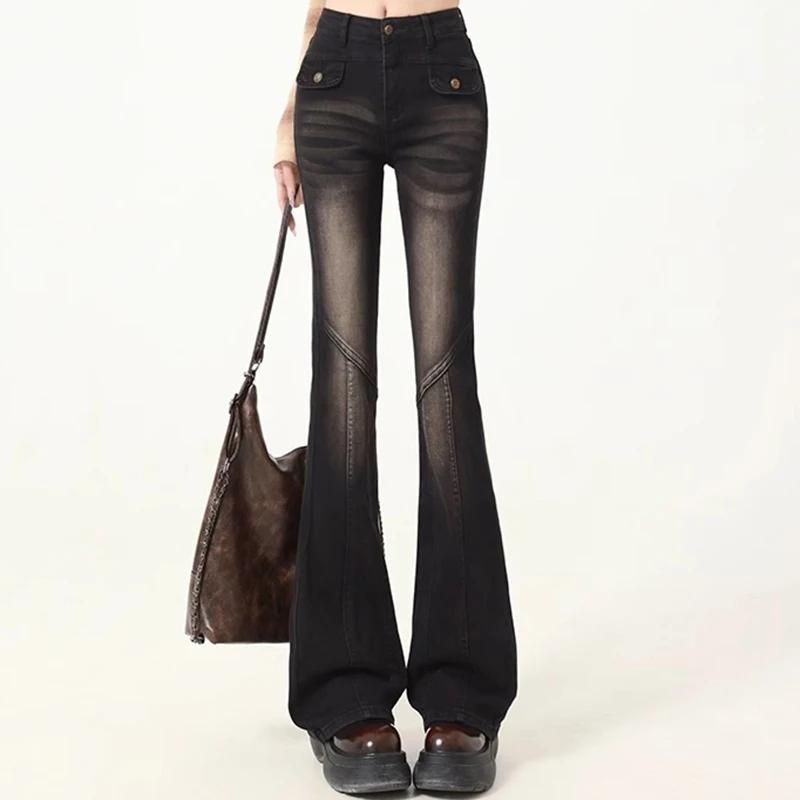 İlkbahar ve Sonbahar Kadın Yüksek Bel Lastikli Geniş Paça Kot Kadın Vintage Slim Fit Flare Pantolon Bayan Kot Pantolon