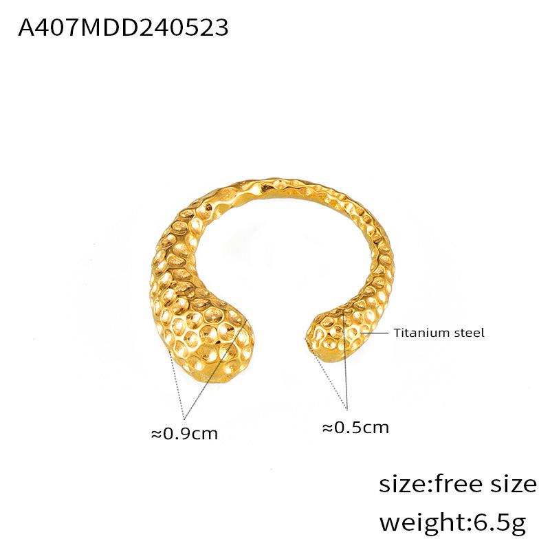 European  American Large Titanium Steel Water Drop Ring, 18K Gold Plated, Hammered Texture, Asymmetrical Open Design