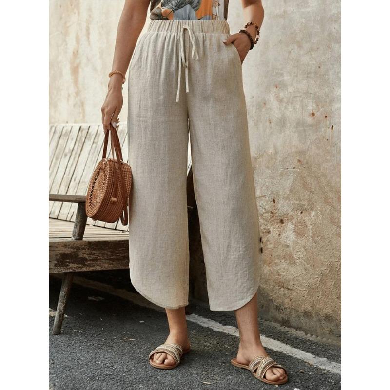 New Cotton and Linen Drawstring Cropped Pants with Pockets for Women, Loose Fit