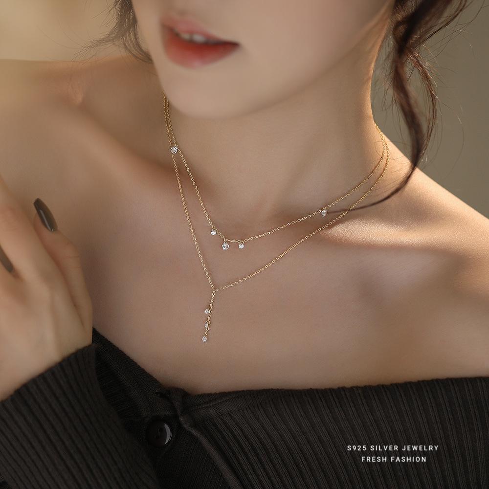 925 Sterling Silver Light Luxury Tassel Shiny Zircon Necklace for Women Korean Exquisite Party Wedding Jewelry Accessories