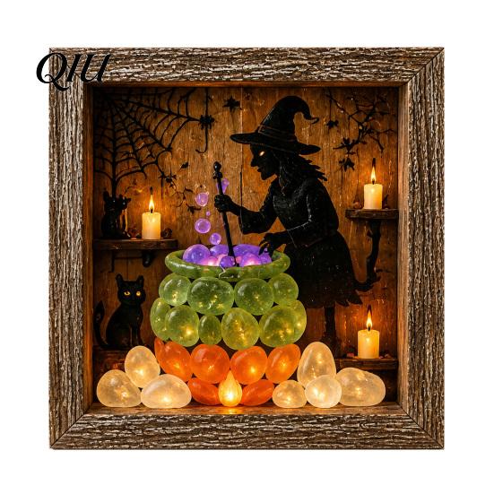 Personalized Halloween Display Shadow Box Frame DIY Lighted Craft Kit, Wooden Night Light with Seasonal Interior Decor Sea Glass Stones, Gothic