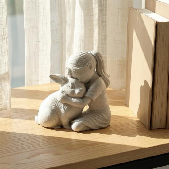 Girl And Bunny Figurine, 3D Printed Girl Embrace Rabbit Statue, Small Cute Animal Ornament for Living Room, Desk, Cabinet Decor